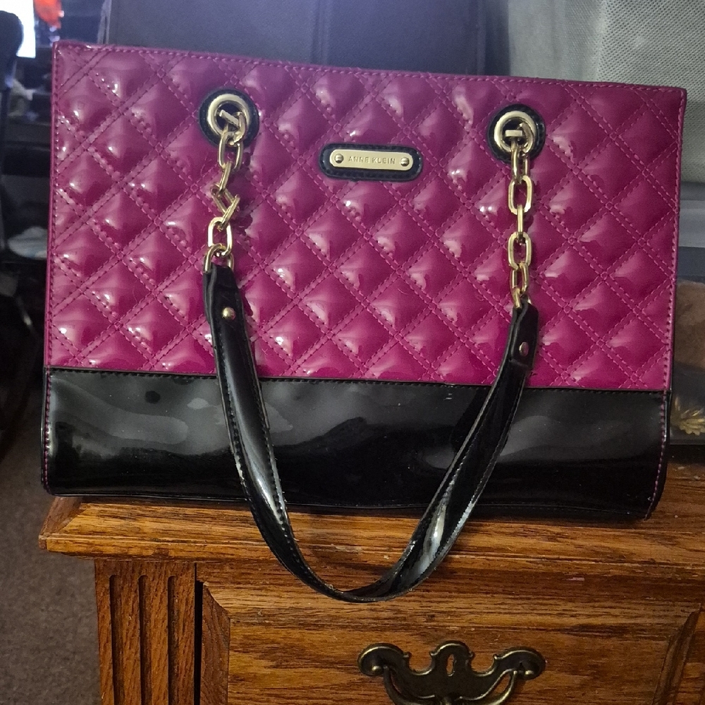 Anne Klein Quilted Patent Shoulder Bag  Cranberry  Black Polka Dot Inside